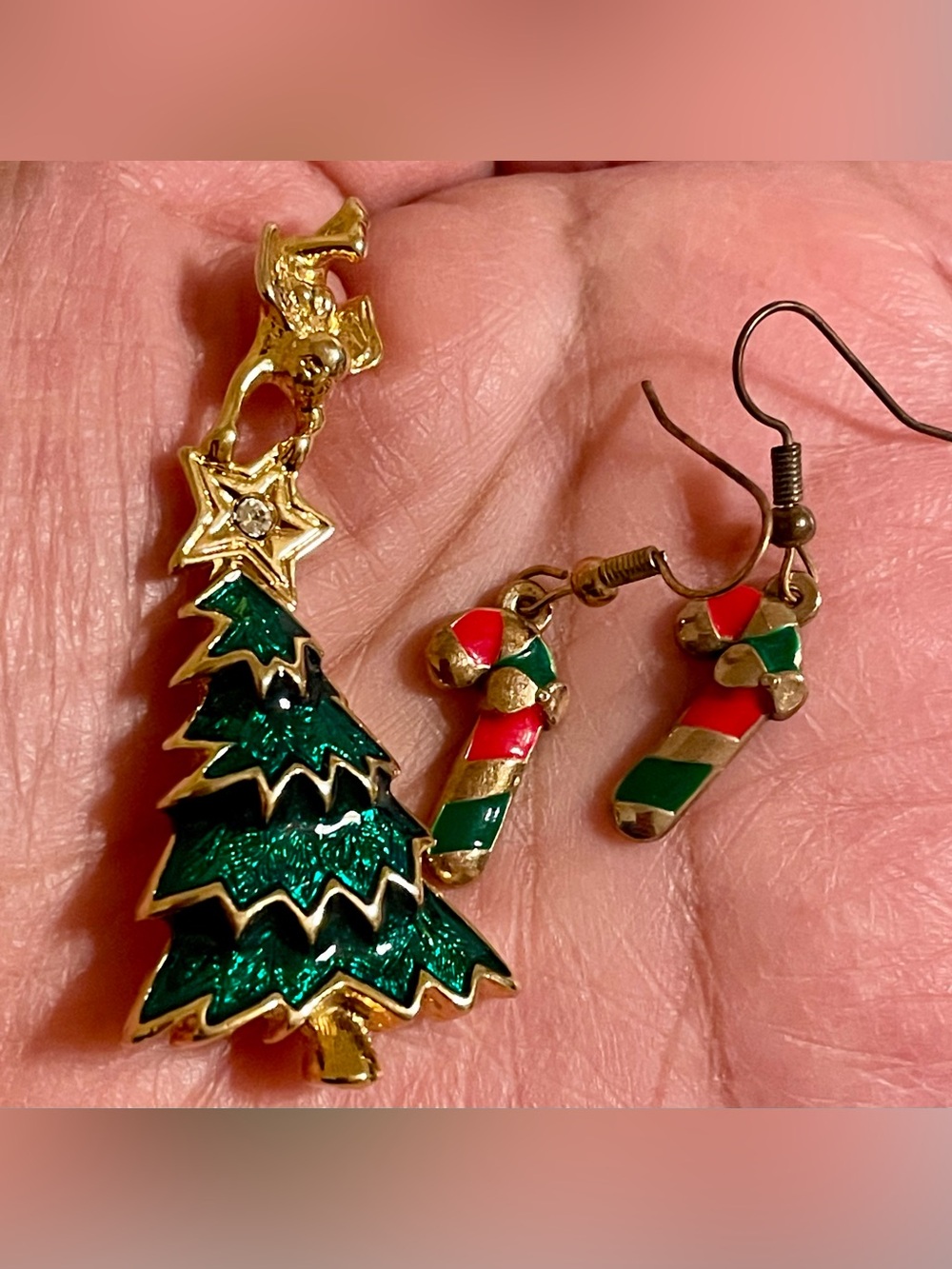 Gold-Tone Green Christmas Tree Brooch and Candy Cane Earrings Set